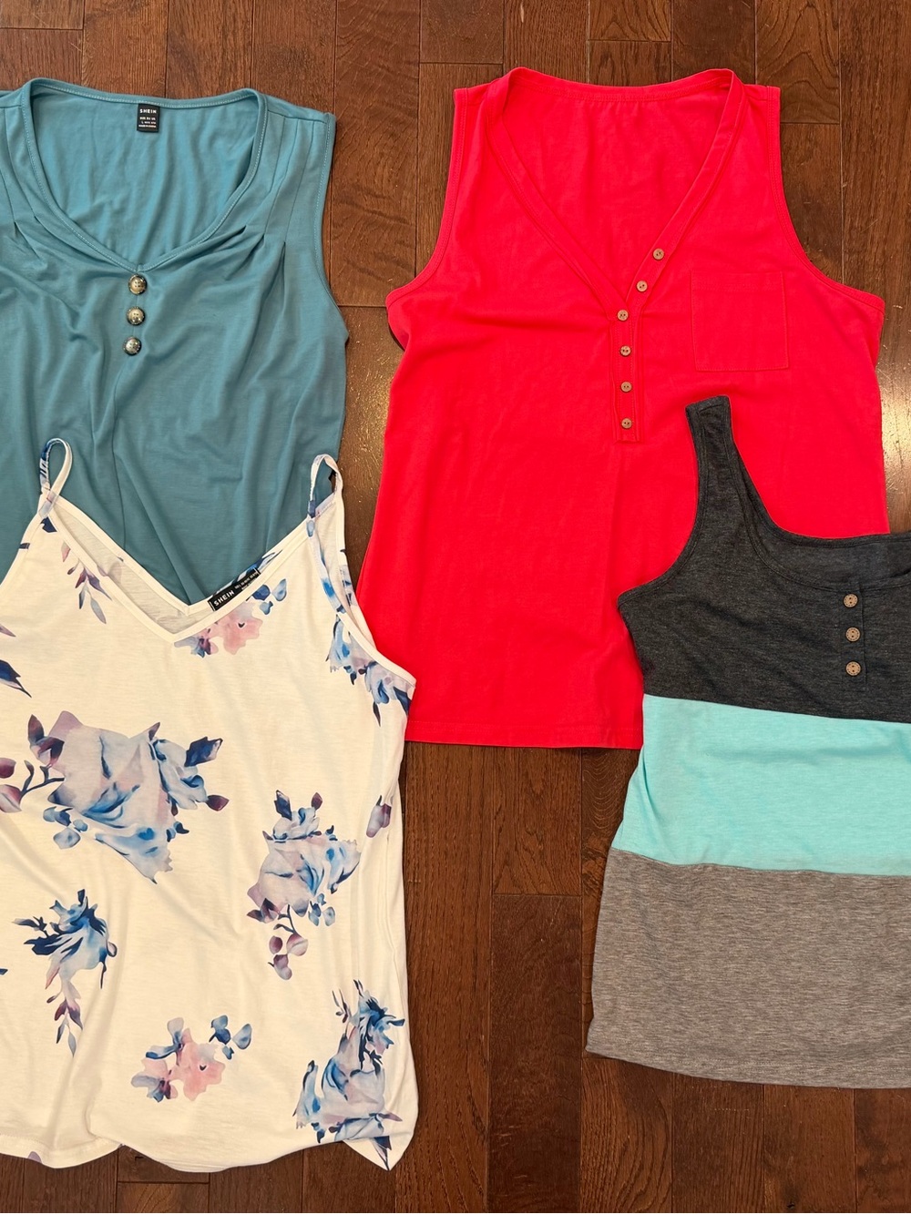NEW Lot of 4 SHEIN Tanks - Red, Dusty Blue V-Neck, Blue Floral & Colorblock